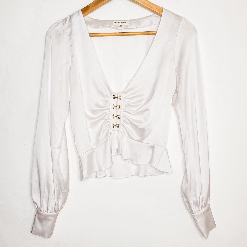 For Love And Lemons White Satin Plunge Neck Isabella Ruched Top Blouse Size XS_2